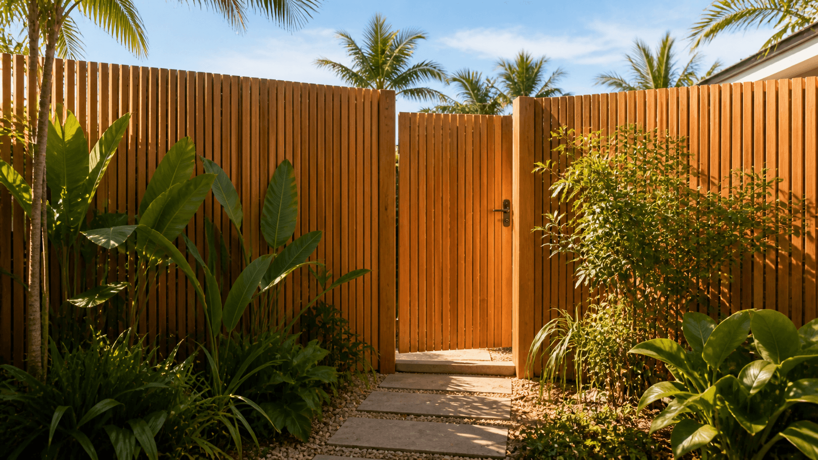 Timber fence and gate in a tropical garden