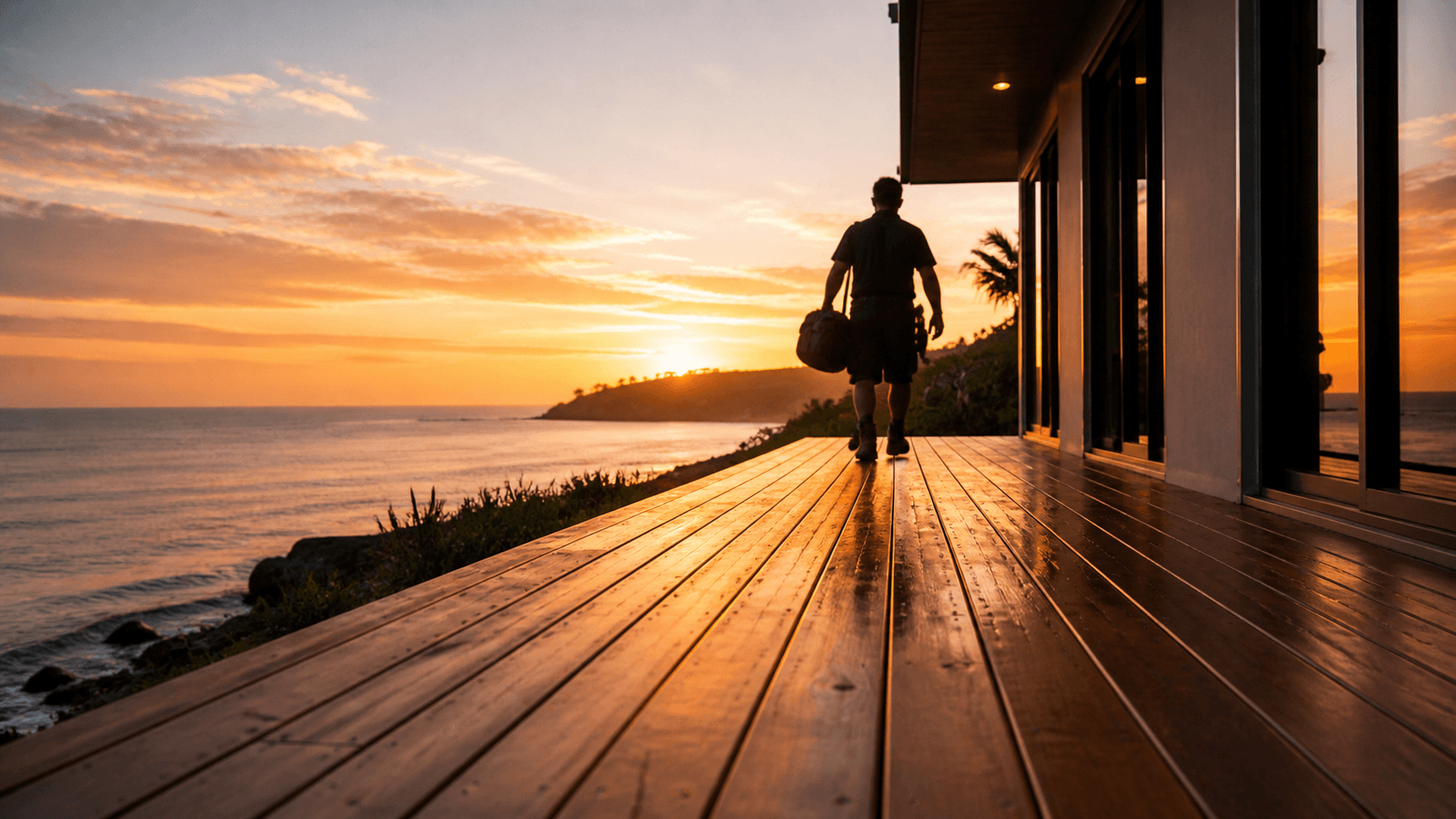 Carpenter walking along a timber deck at sunset