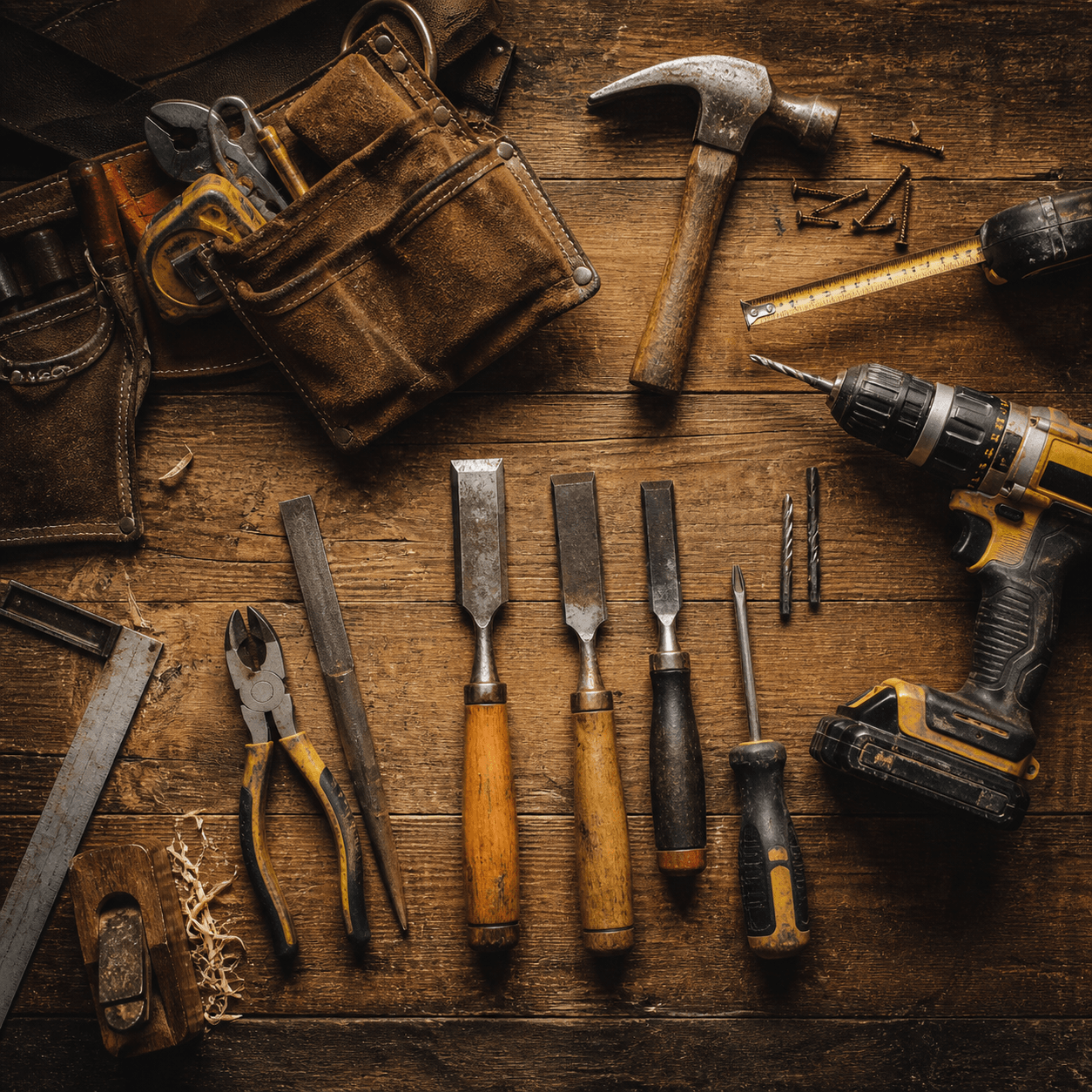 A carpenter's tools laid out on a workbench